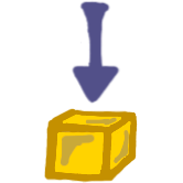 a yellow cube with a purple arrow pointing down at it 